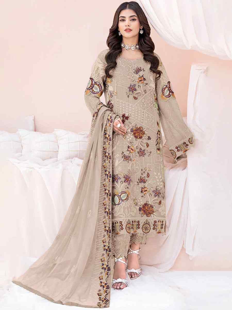 Beige Faux Georgette Embroidered Festival Party Pant Salwar Kameez