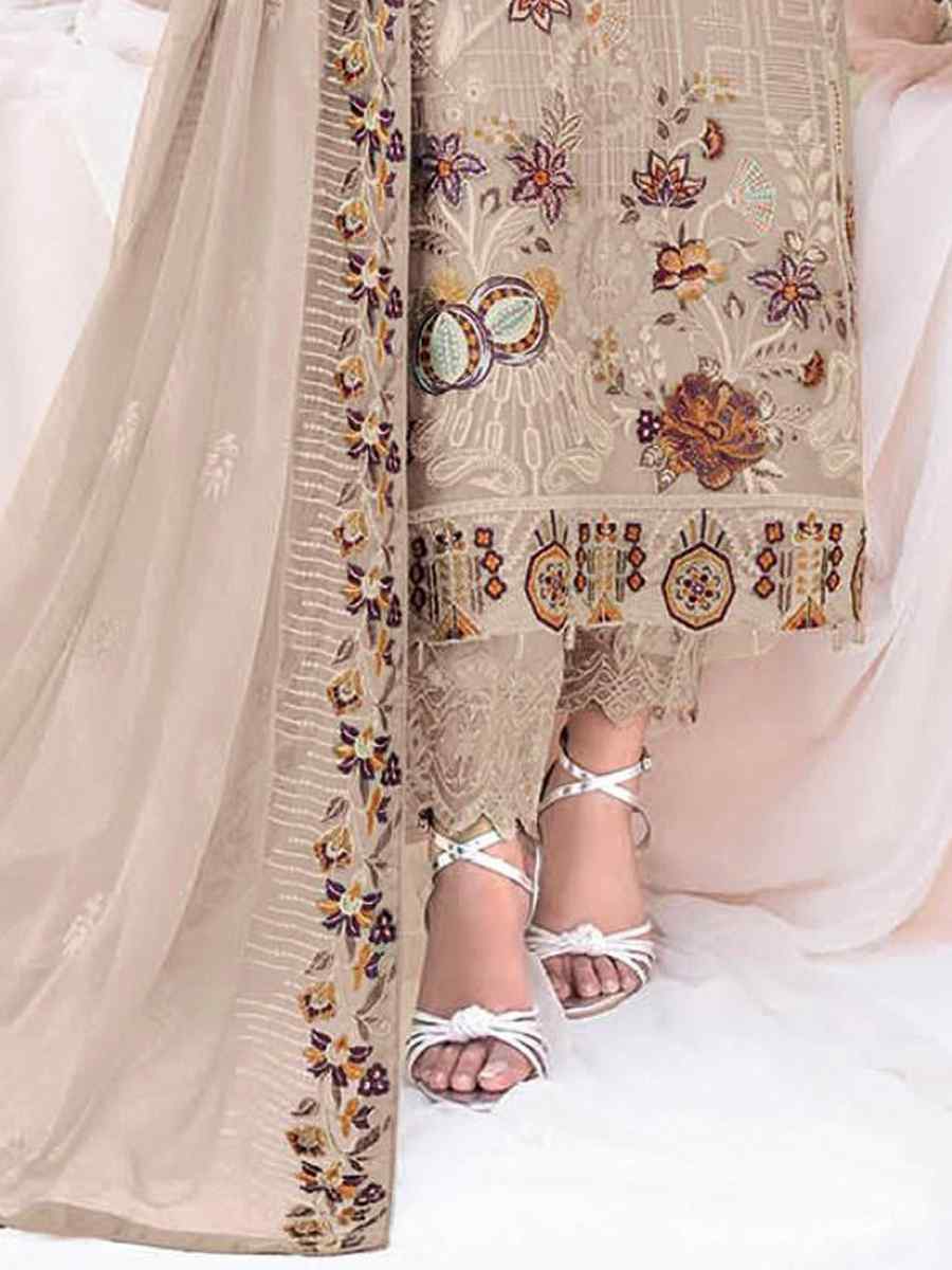 Beige Faux Georgette Embroidered Festival Party Pant Salwar Kameez