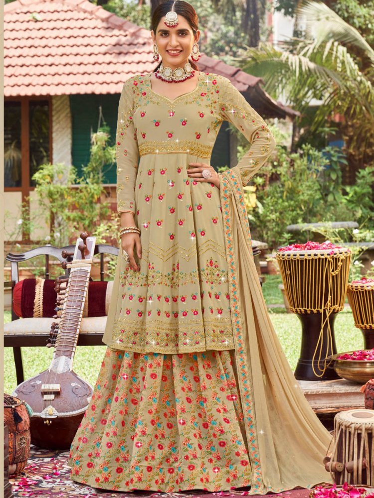 Beige Faux Georgette Embroidered Festival Wedding Kurti Lehenga Choli