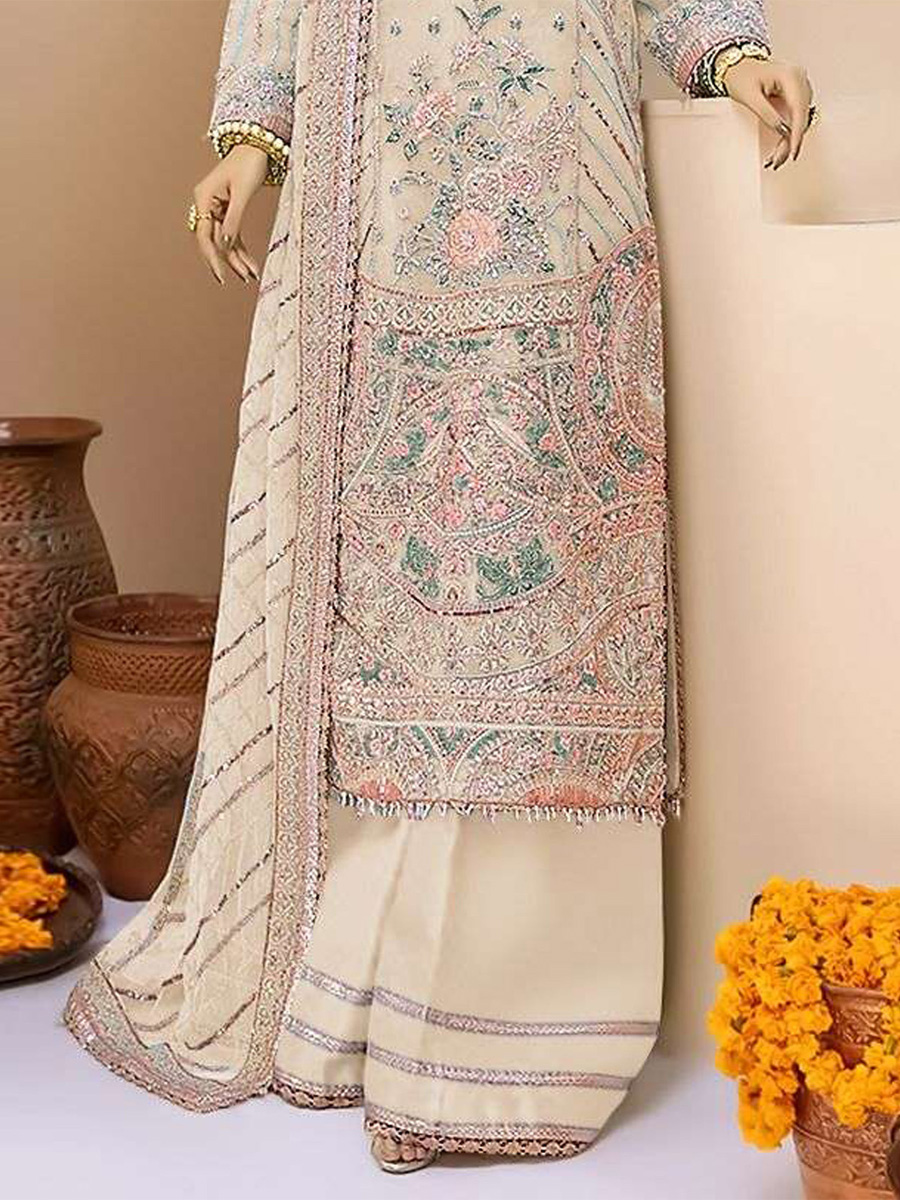 Beige Faux Georgette Embroidered Festival Wedding Palazzo Pant Salwar Kameez