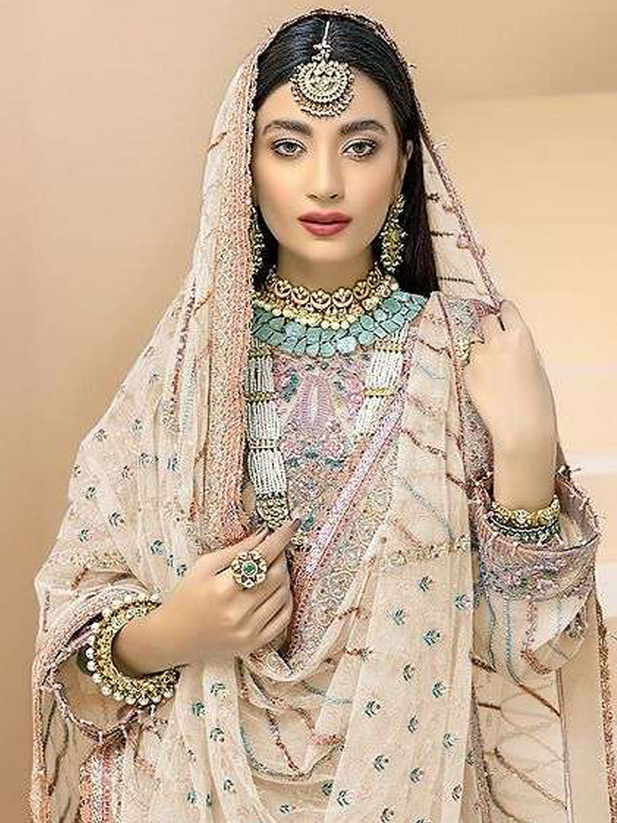 Beige Faux Georgette Embroidered Festival Wedding Palazzo Pant Salwar Kameez