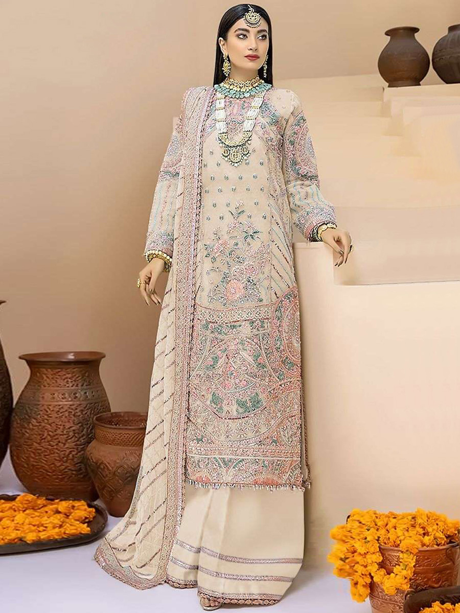 Beige Faux Georgette Embroidered Festival Wedding Palazzo Pant Salwar Kameez