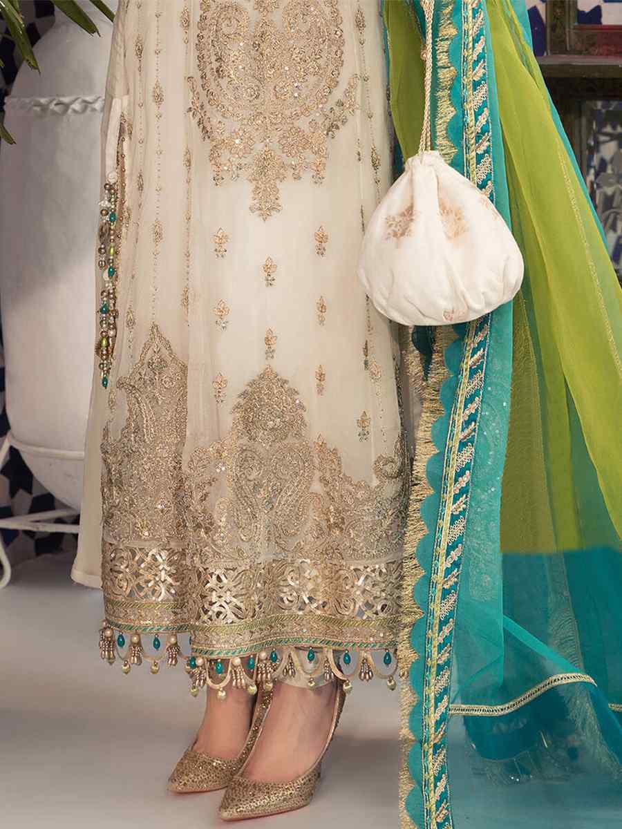 Beige Faux Georgette Embroidered Festival Wedding Pant Salwar Kameez