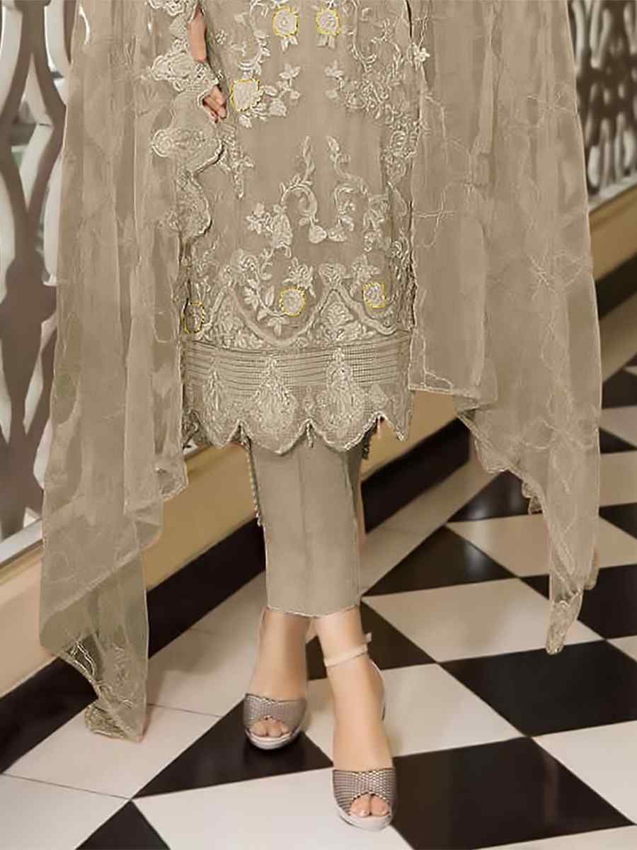 Beige Faux Georgette Embroidered Festival Wedding Pant Salwar Kameez