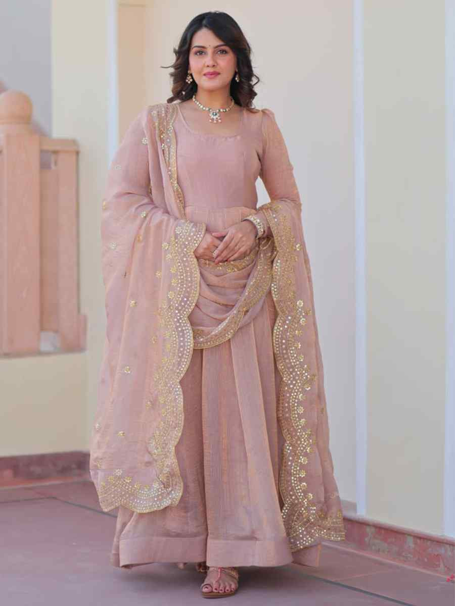 Beige Fendy Chiffon Embroidered Festival Party Gown