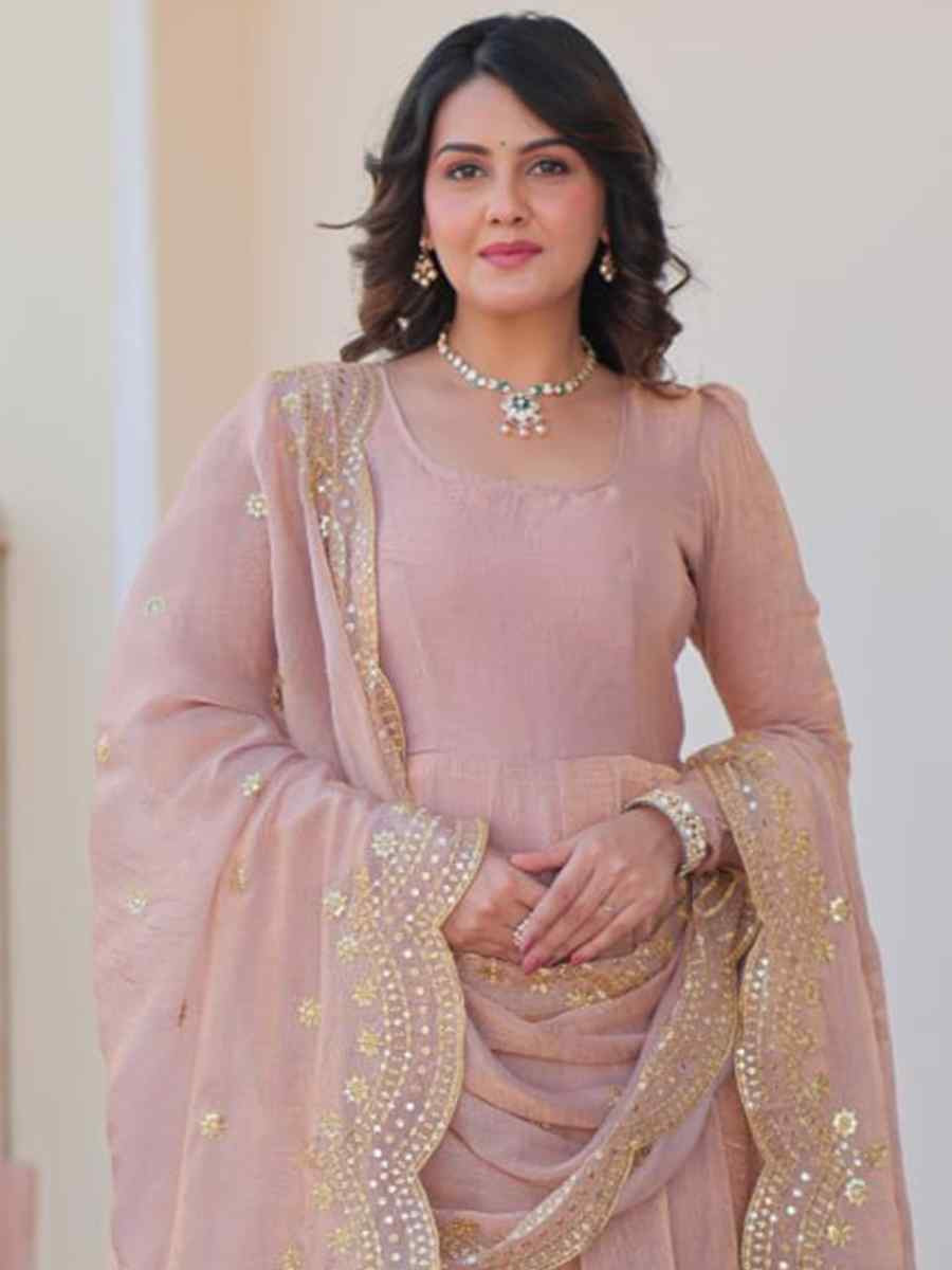 Beige Fendy Chiffon Embroidered Festival Party Gown