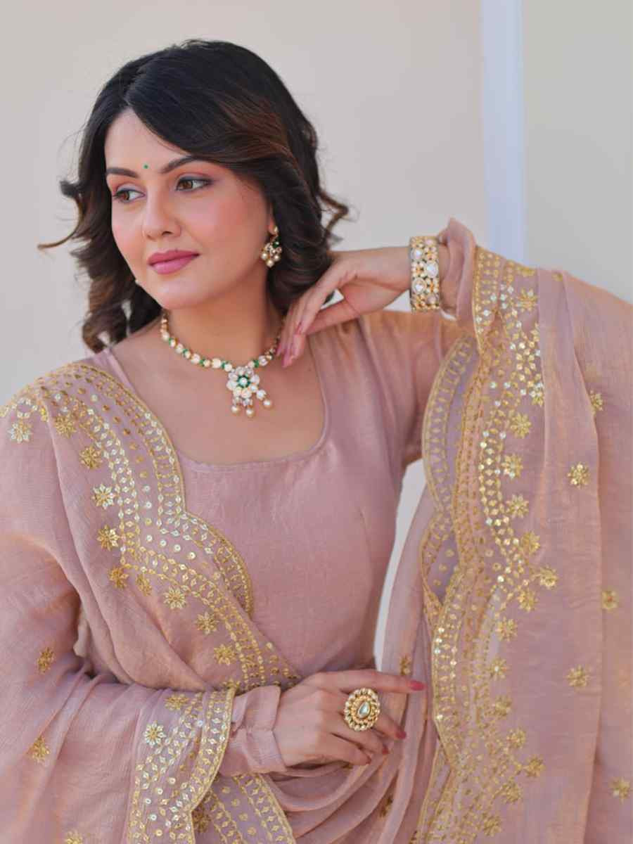 Beige Fendy Chiffon Embroidered Festival Party Gown