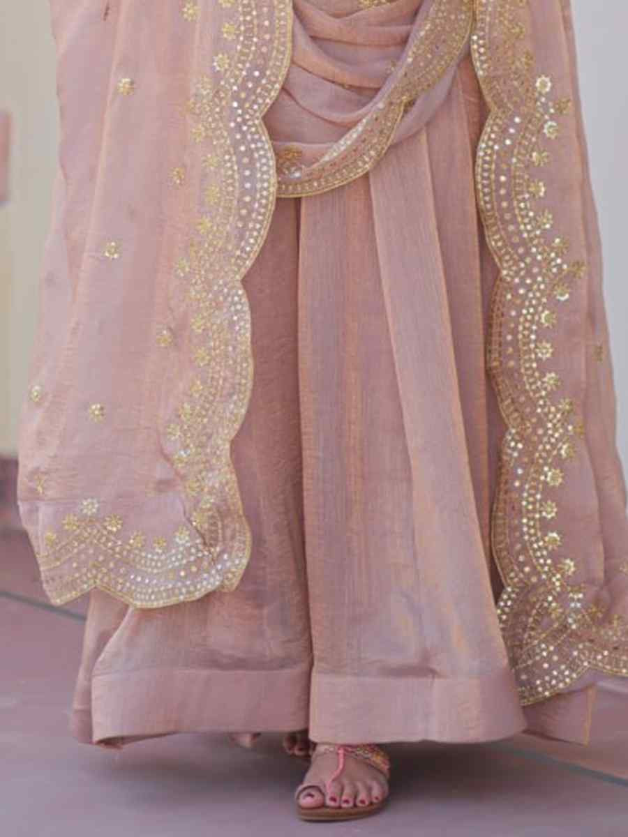 Beige Fendy Chiffon Embroidered Festival Party Gown