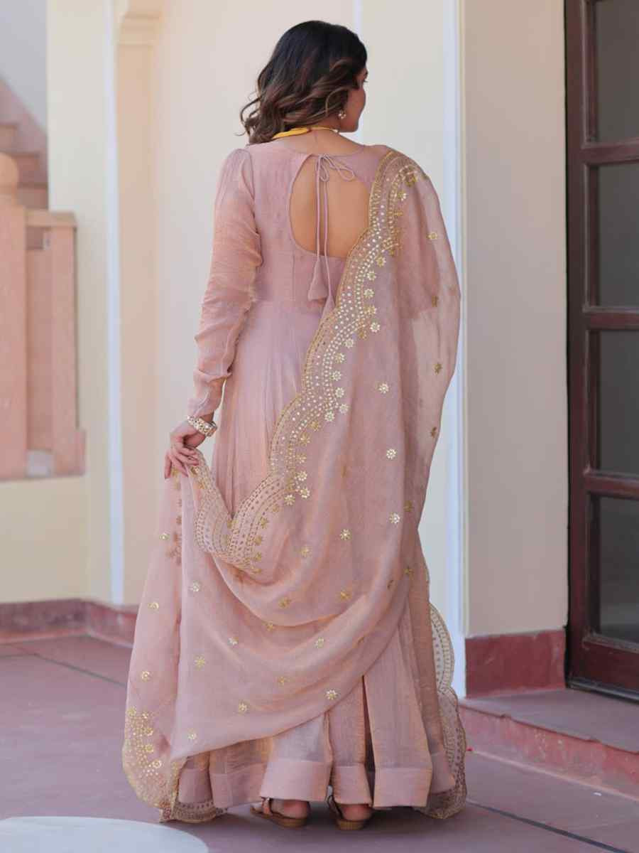 Beige Fendy Chiffon Embroidered Festival Party Gown