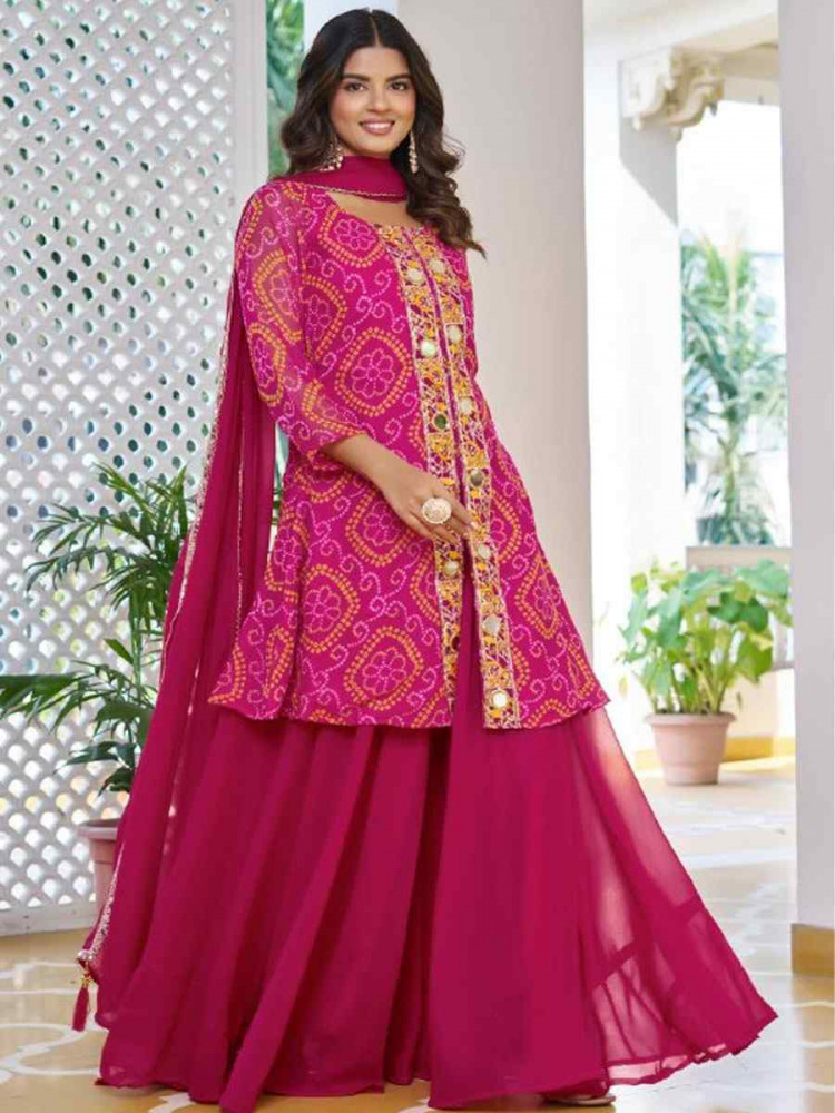 Image of Beige Fox Georgette Bhandej Printed Embroidery Party Wedding Festival Casual Ready Anarkali Palazzo Pant Salwar Kameez