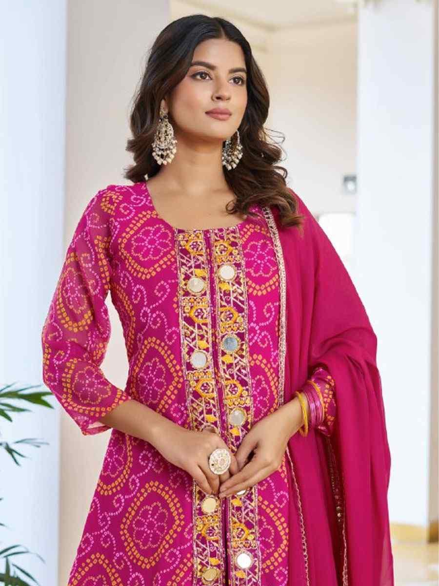 Beige Fox Georgette Bhandej Printed Embroidery Party Wedding Festival Casual Ready Anarkali Palazzo Pant Salwar Kameez