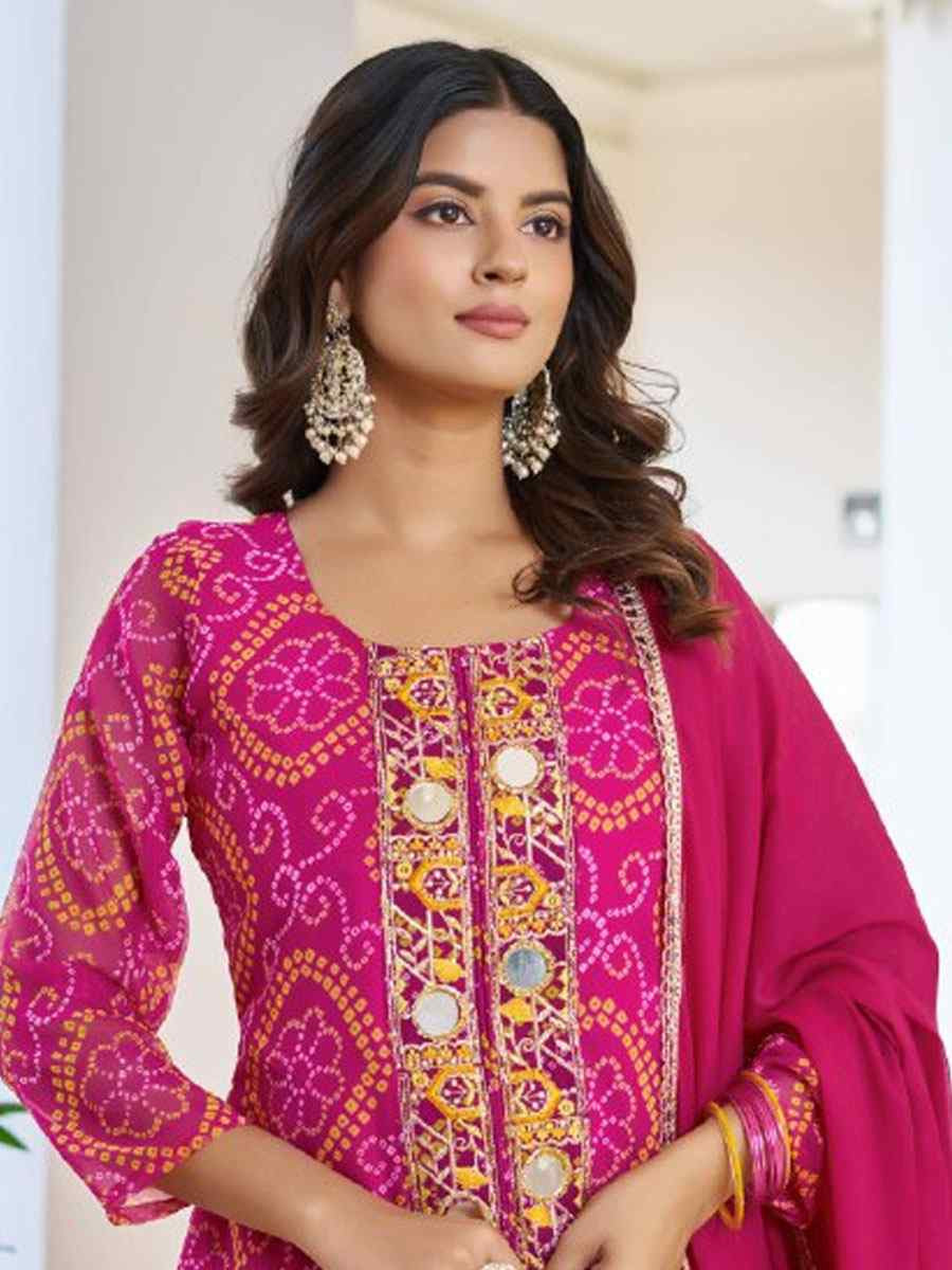 Beige Fox Georgette Bhandej Printed Embroidery Party Wedding Festival Casual Ready Anarkali Palazzo Pant Salwar Kameez