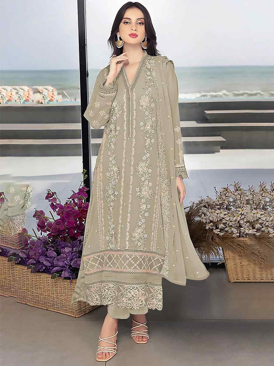 Beige Georgette Embroidered Festival Wedding Pant Salwar Kameez