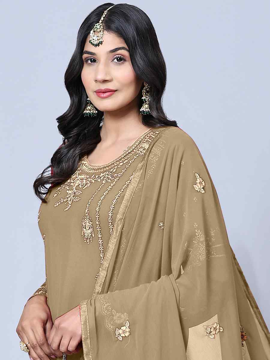 Beige Georgette Embroidered Festival Wedding Pant Salwar Kameez