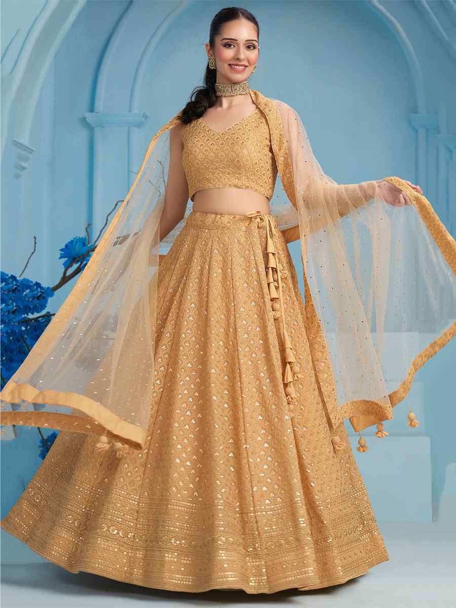 Beige Georgette Embroidered Reception Wedding Heavy Border Lehenga Choli