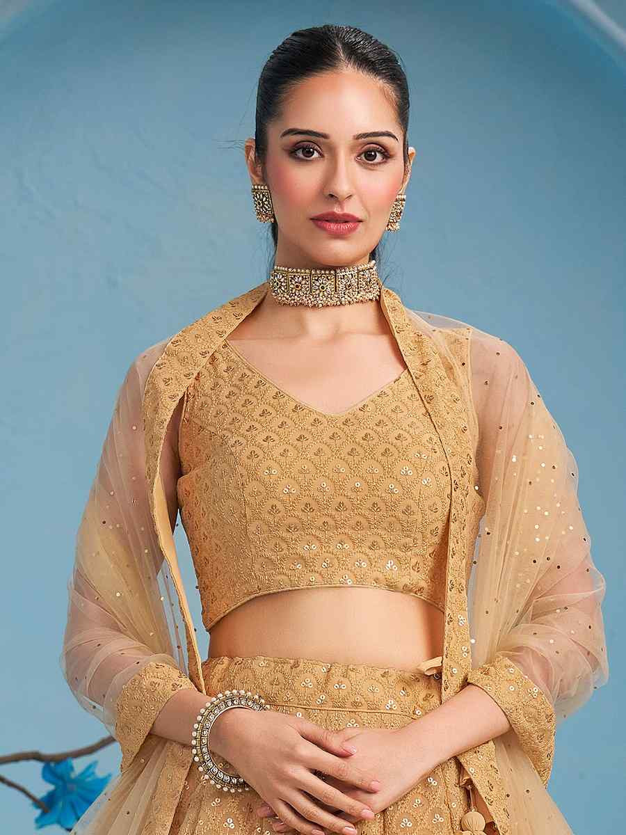 Beige Georgette Embroidered Reception Wedding Heavy Border Lehenga Choli