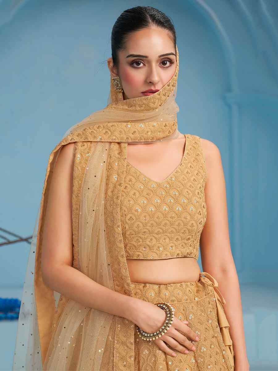 Beige Georgette Embroidered Reception Wedding Heavy Border Lehenga Choli