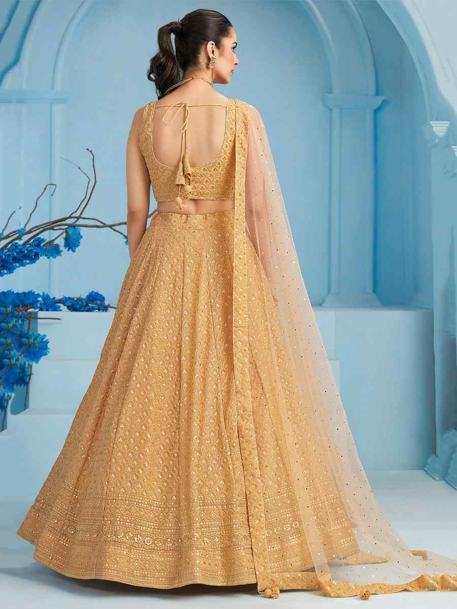 Beige Georgette Embroidered Reception Wedding Heavy Border Lehenga Choli