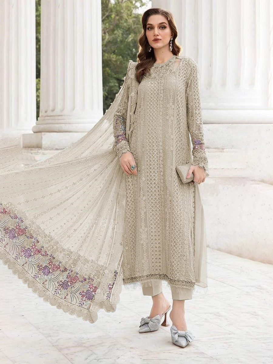 Beige Georgette Embroidery Zari Wedding Party Festival Casual Pant Salwar Kameez