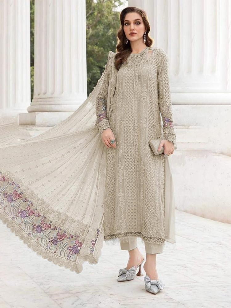 Image of Beige Georgette Embroidery Zari Wedding Party Festival Casual Pant Salwar Kameez