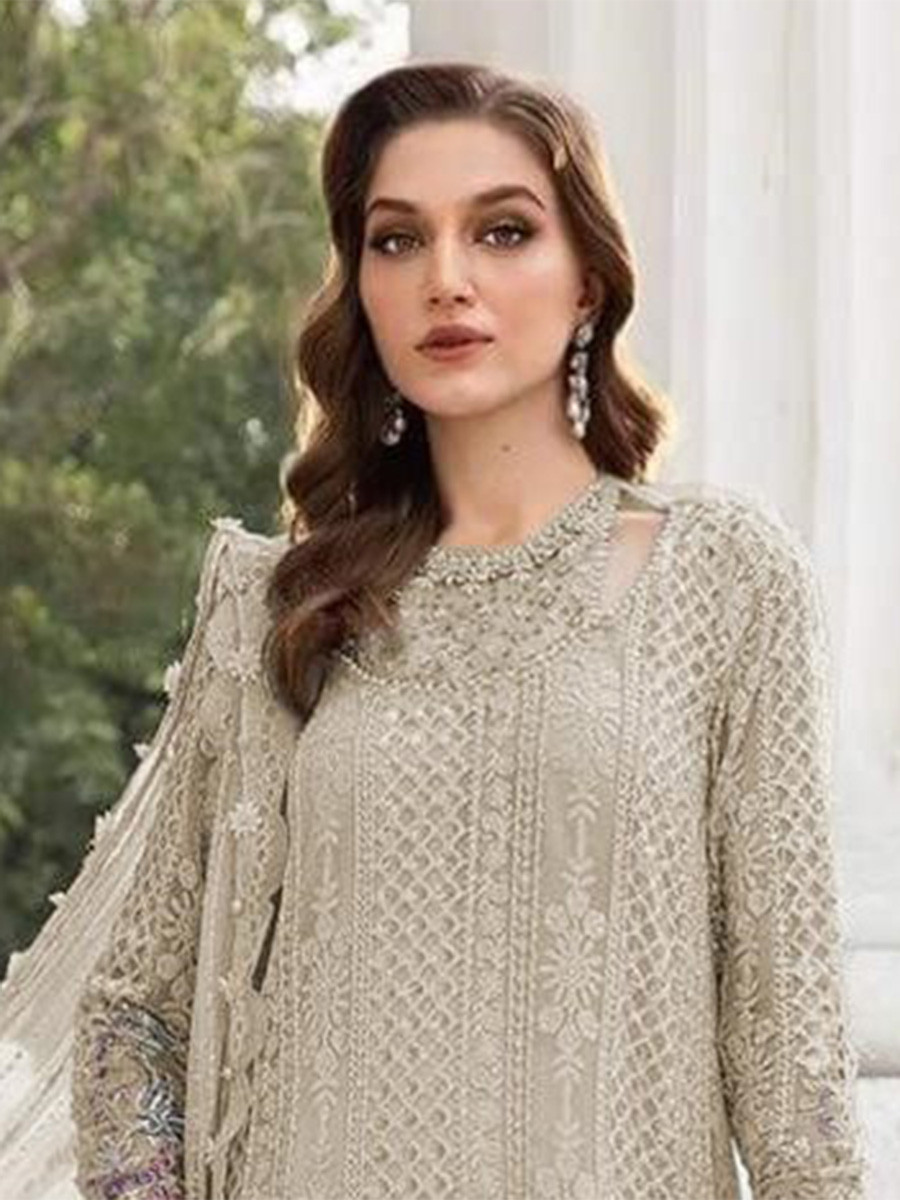Beige Georgette Embroidery Zari Wedding Party Festival Casual Pant Salwar Kameez