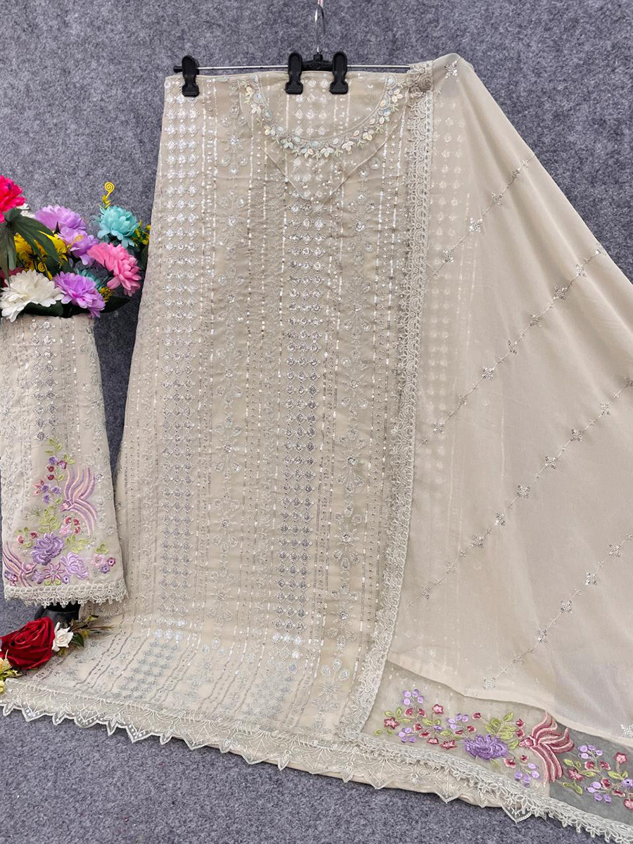 Beige Georgette Embroidery Zari Wedding Party Festival Casual Pant Salwar Kameez