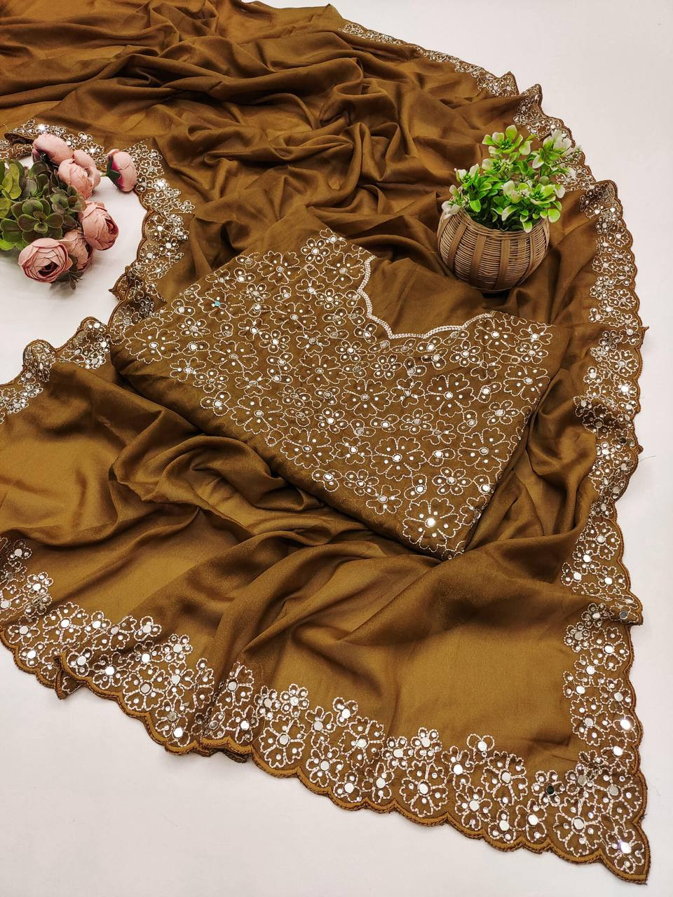 Beige Georgette Silk Embroidery Traditional Casual Reception Festival Wedding Fancy Heavy Border Saree