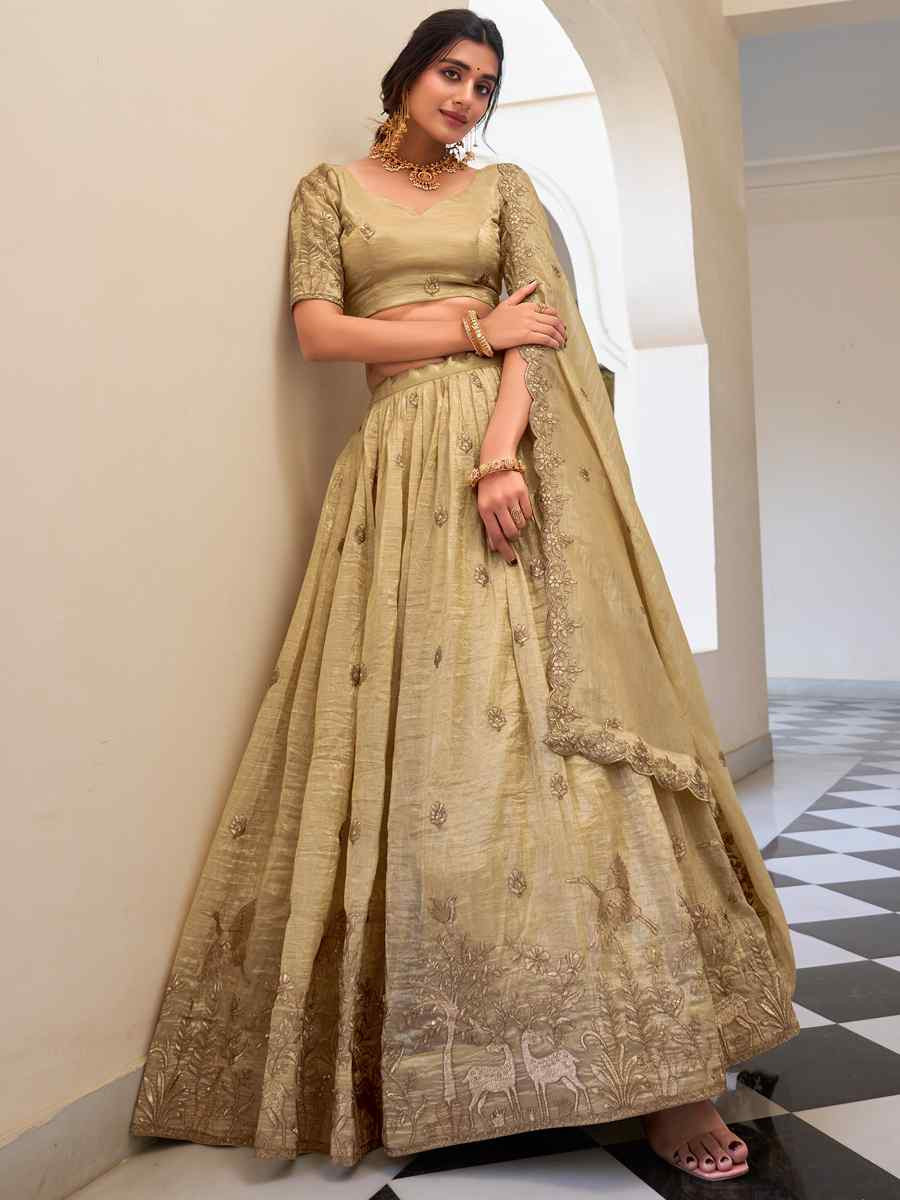 Beige Gold Crush Embroidered Reception Wedding Lehenga Choli