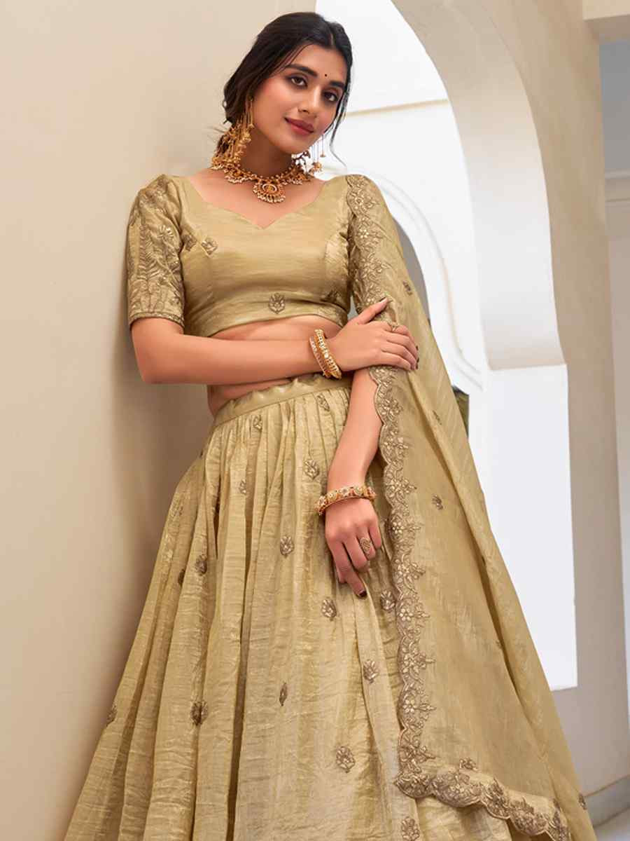 Beige Gold Crush Embroidered Reception Wedding Lehenga Choli