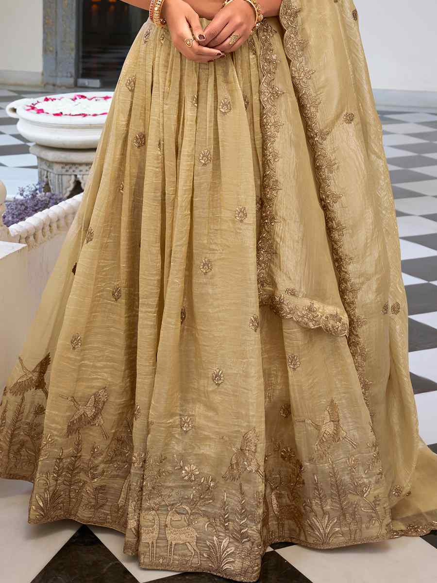 Beige Gold Crush Embroidered Reception Wedding Lehenga Choli