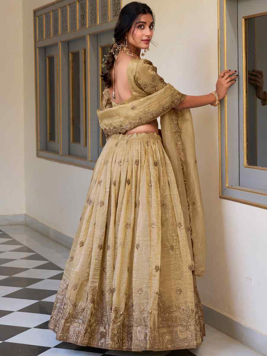 Beige Gold Crush Embroidered Reception Wedding Lehenga Choli