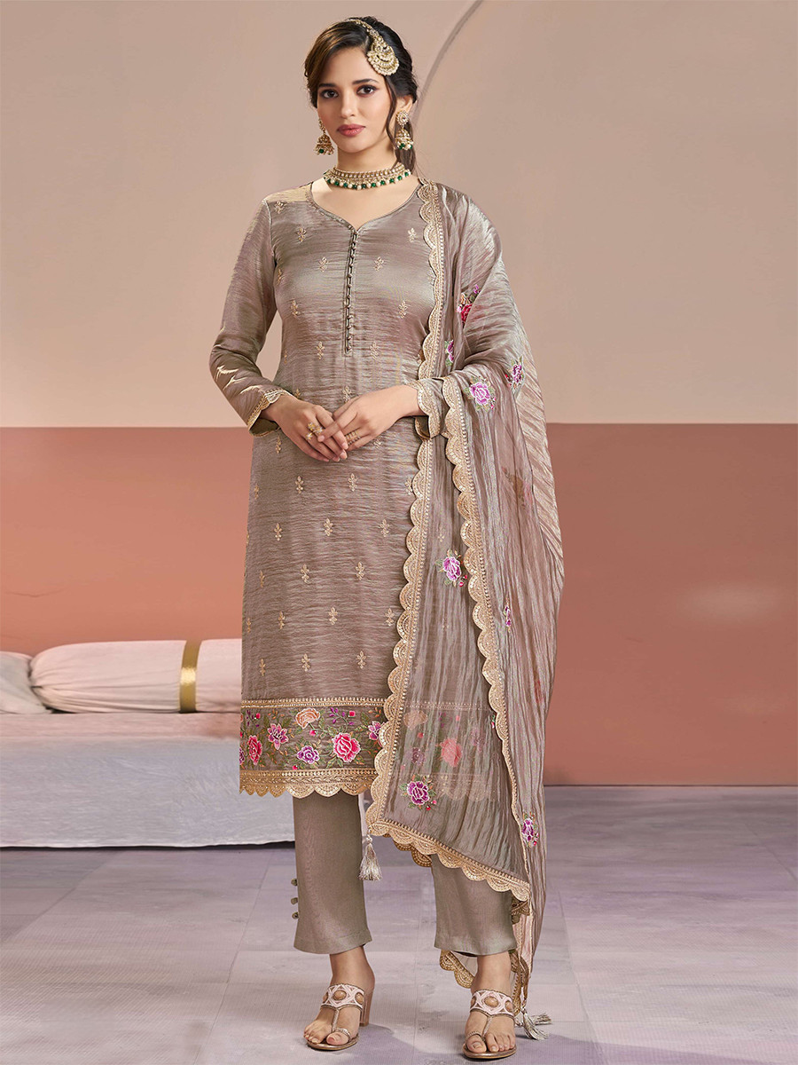 Beige Gold Silk Embroidery Wedding Party Festival Casual Pant Salwar Kameez