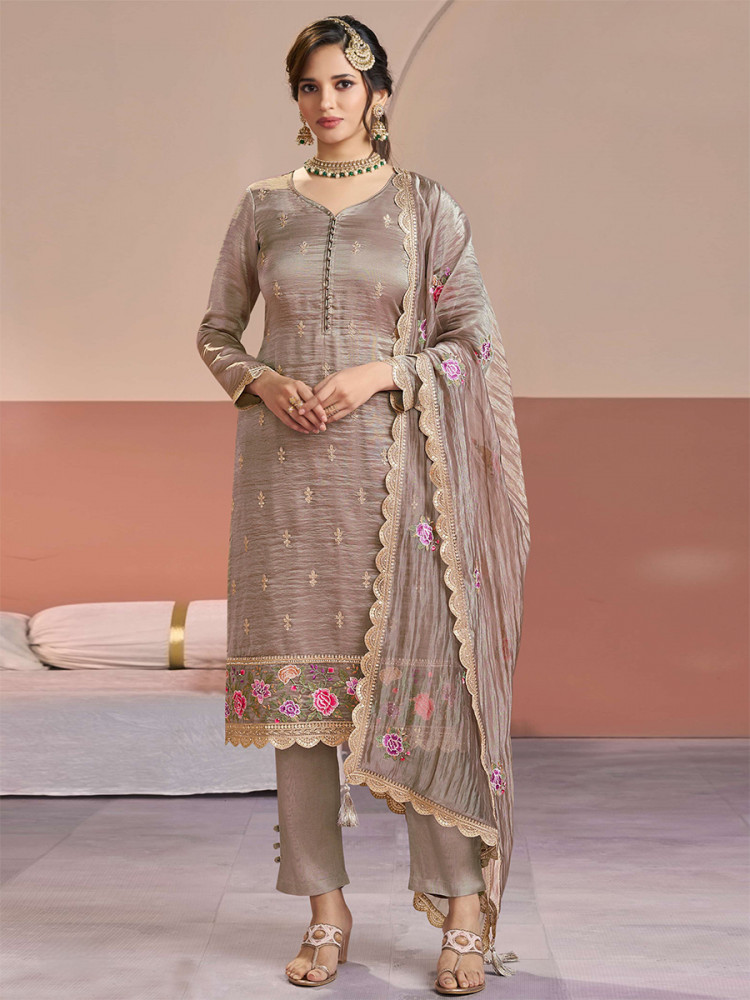 Image of Beige Gold Silk Embroidery Wedding Party Festival Casual Pant Salwar Kameez