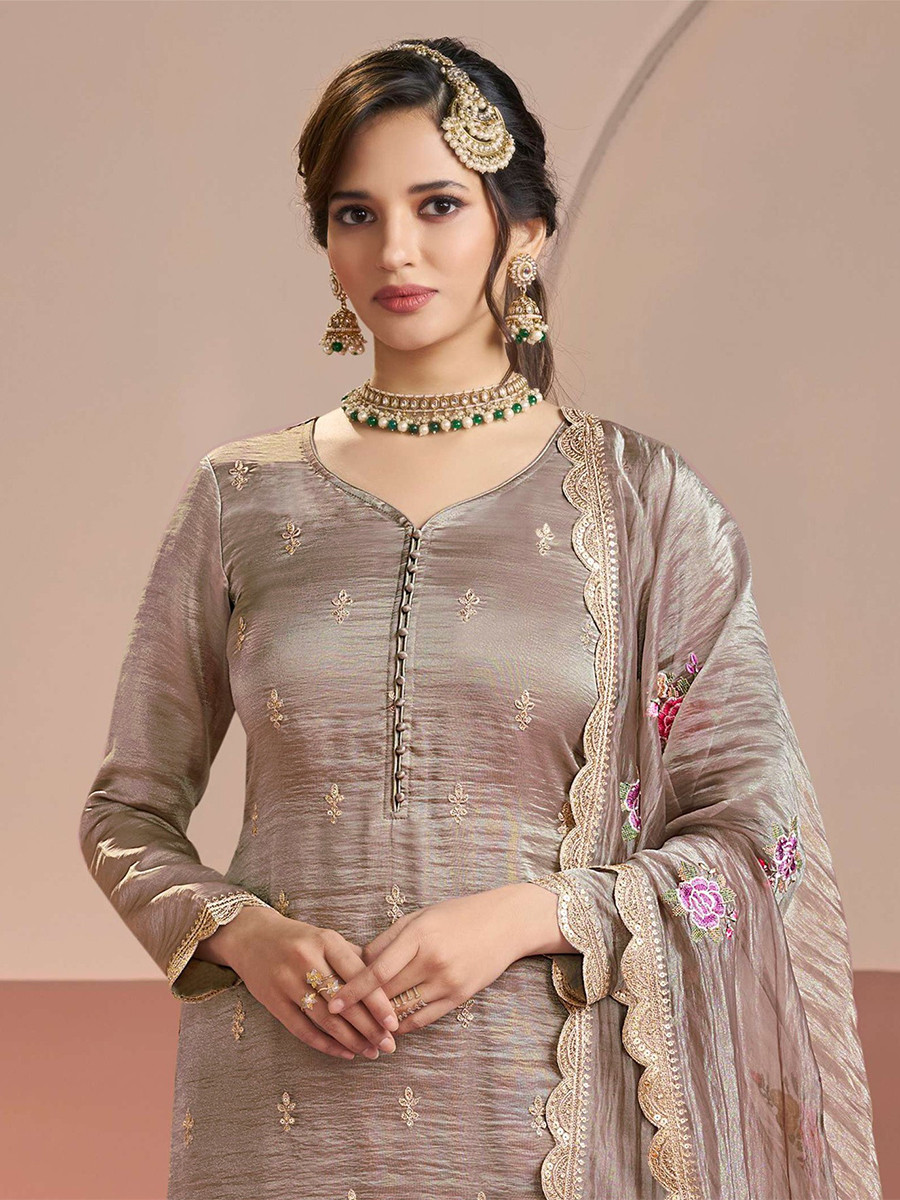 Beige Gold Silk Embroidery Wedding Party Festival Casual Pant Salwar Kameez