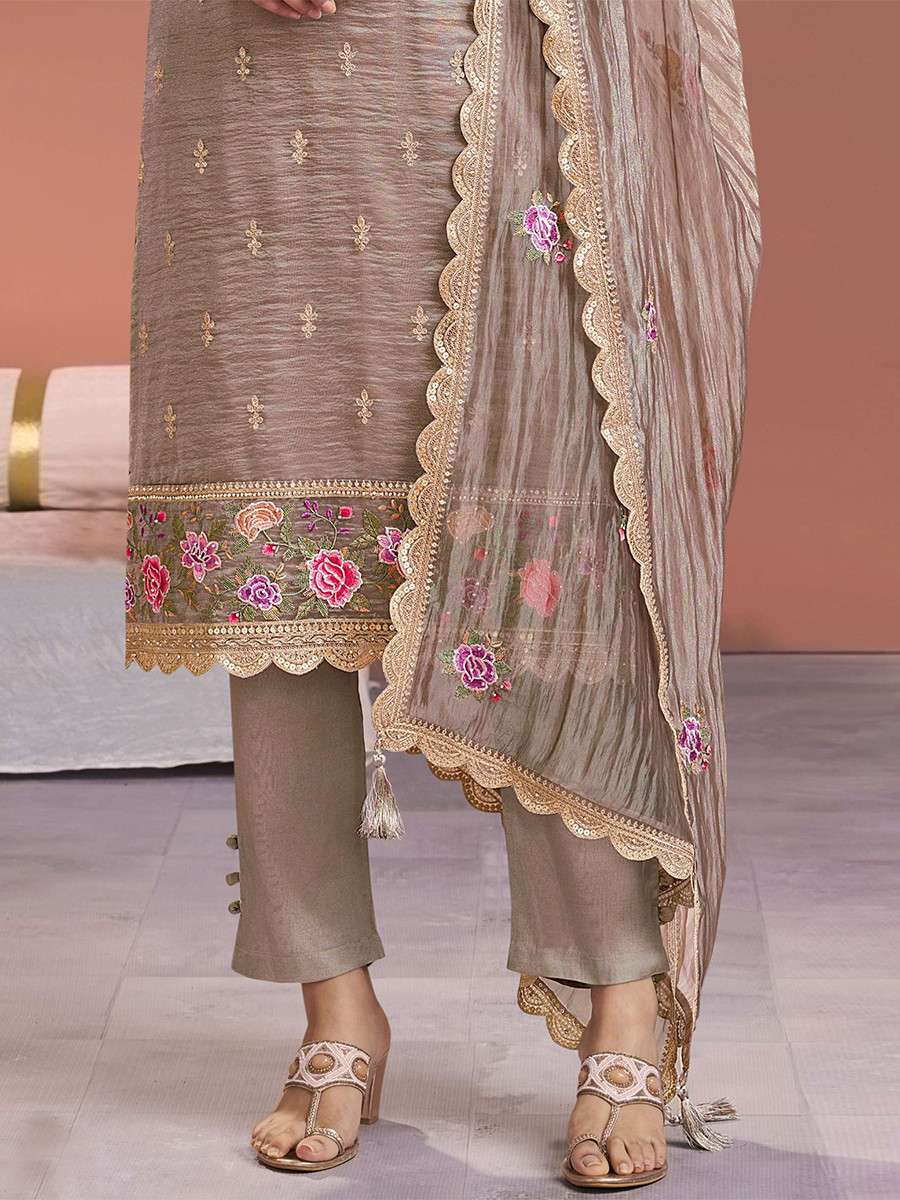 Beige Gold Silk Embroidery Wedding Party Festival Casual Pant Salwar Kameez