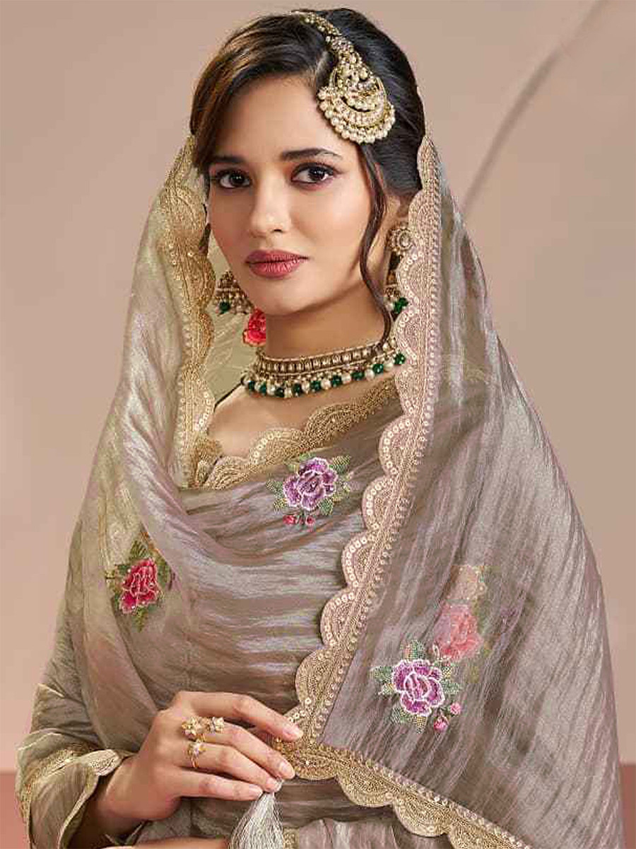 Beige Gold Silk Embroidery Wedding Party Festival Casual Pant Salwar Kameez