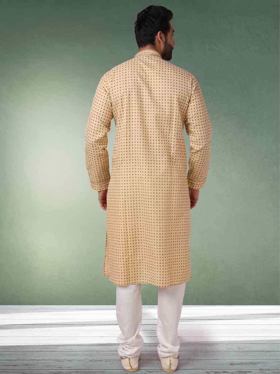 Beige Hand Loomed In Rich Yarns Of Cotton Printed Festival Wedding Kurta