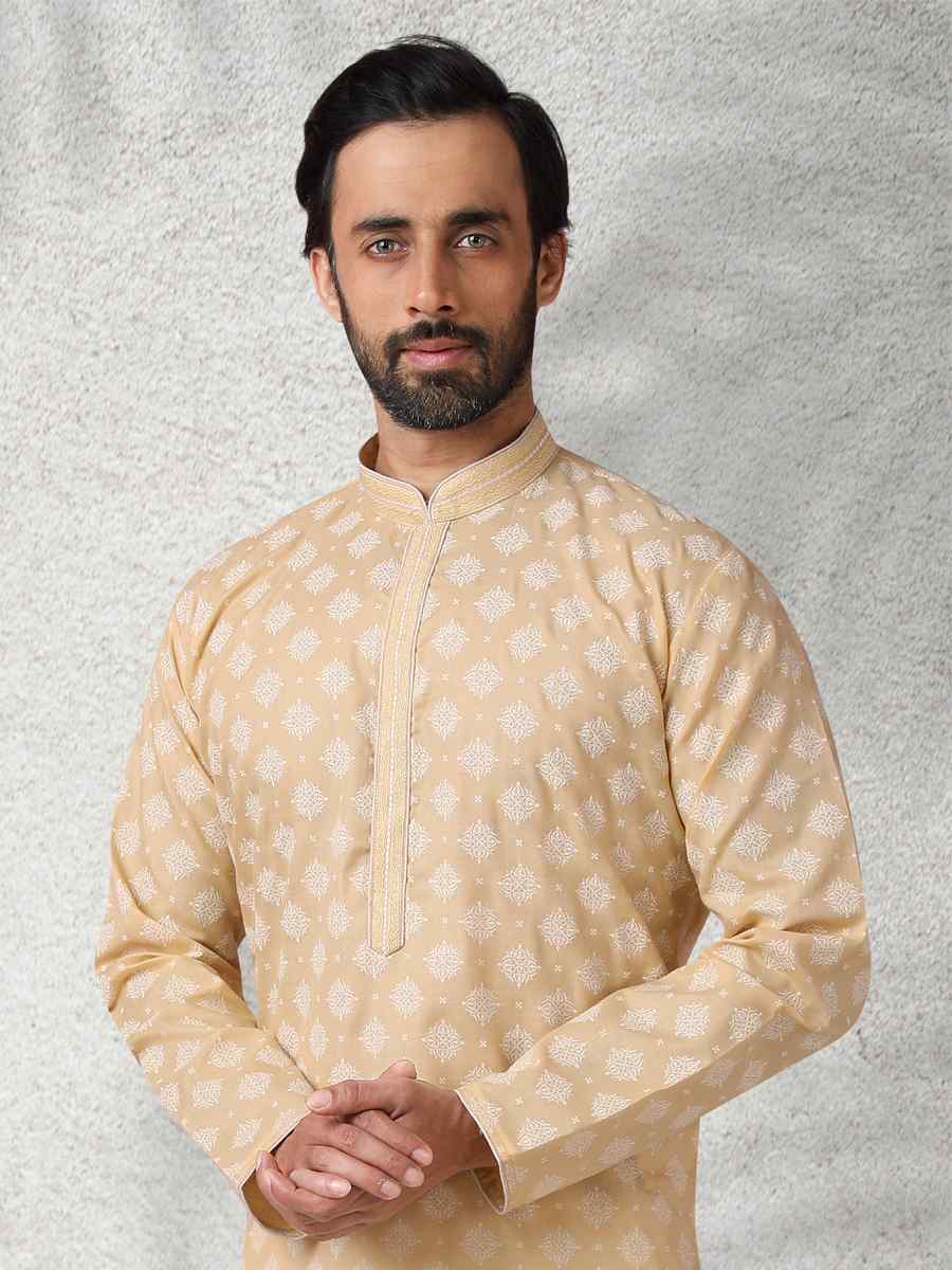 Beige Hand Loomed In Rich Yarns Of Cotton Printed Festival Wedding Kurta