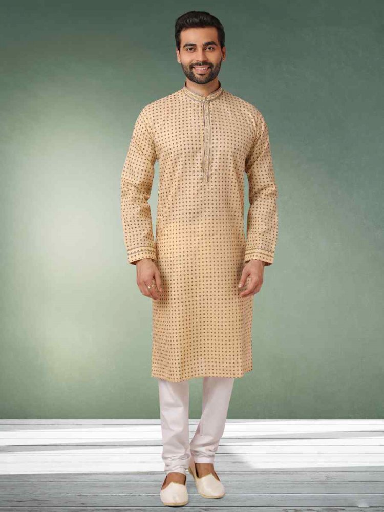 Beige Hand Loomed In Rich Yarns Of Cotton Printed Festival Wedding Kurta