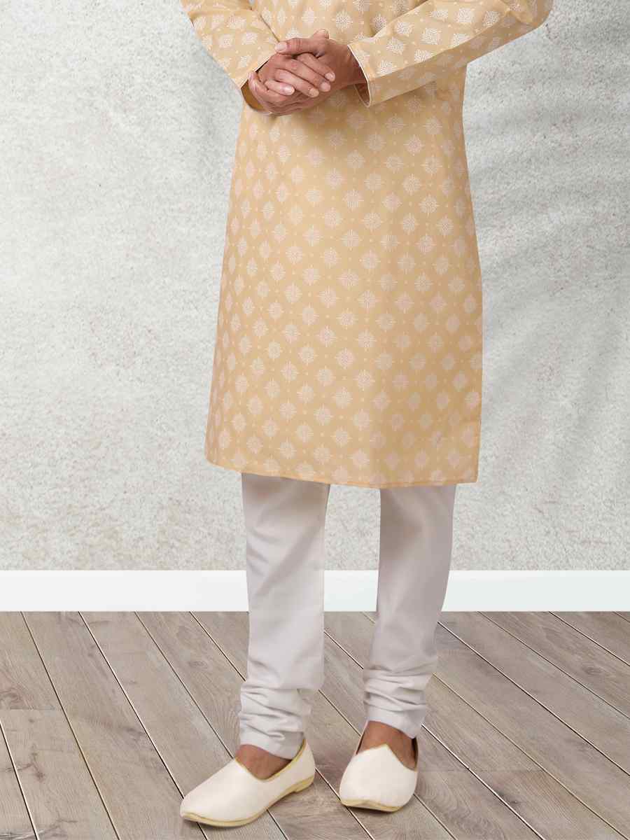Beige Hand Loomed In Rich Yarns Of Cotton Printed Festival Wedding Kurta