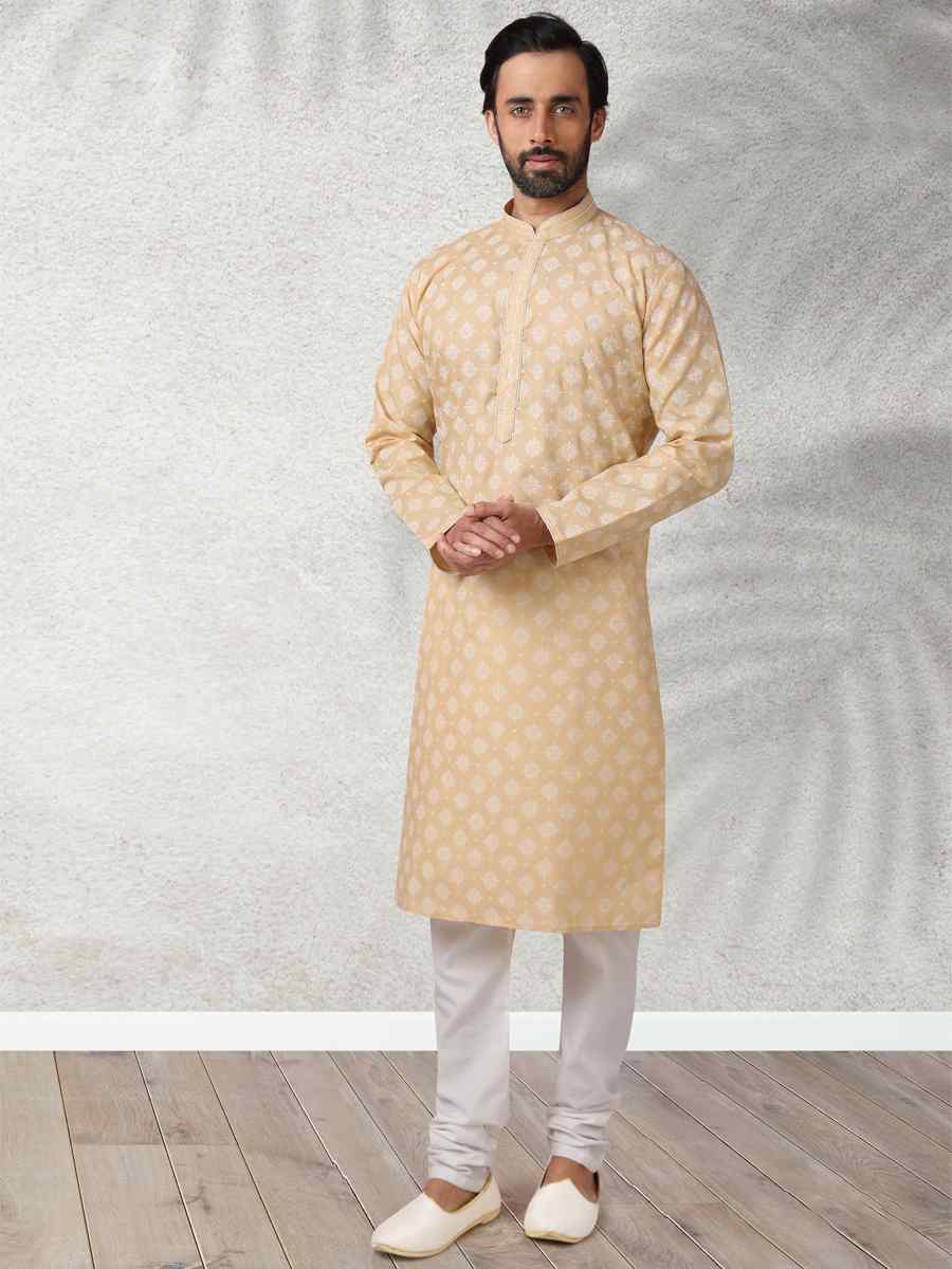 Beige Hand Loomed In Rich Yarns Of Cotton Printed Festival Wedding Kurta