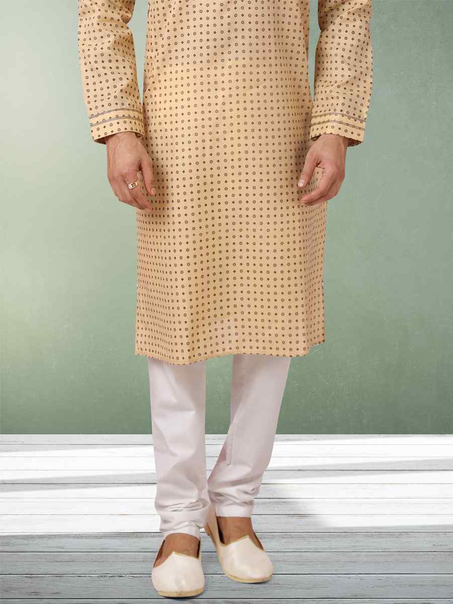 Beige Hand Loomed In Rich Yarns Of Cotton Printed Festival Wedding Kurta