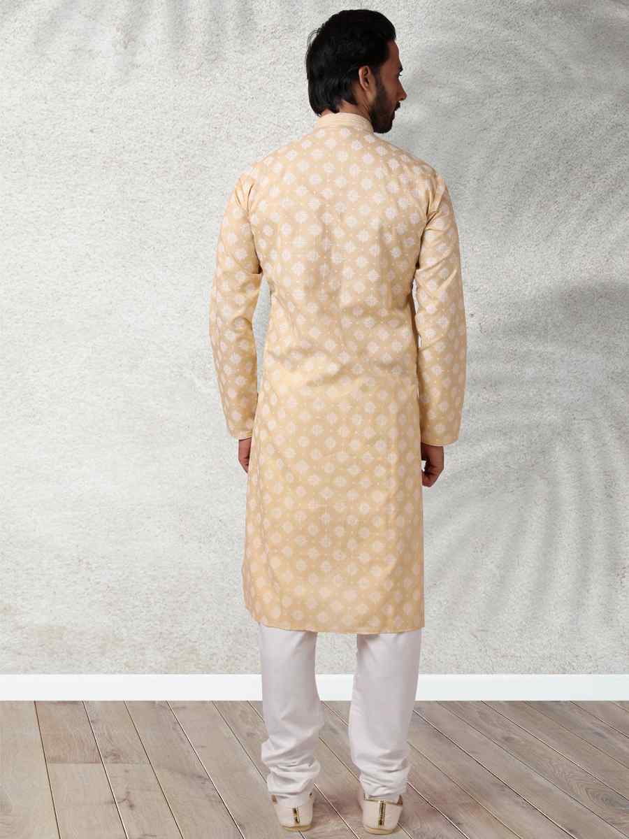 Beige Hand Loomed In Rich Yarns Of Cotton Printed Festival Wedding Kurta