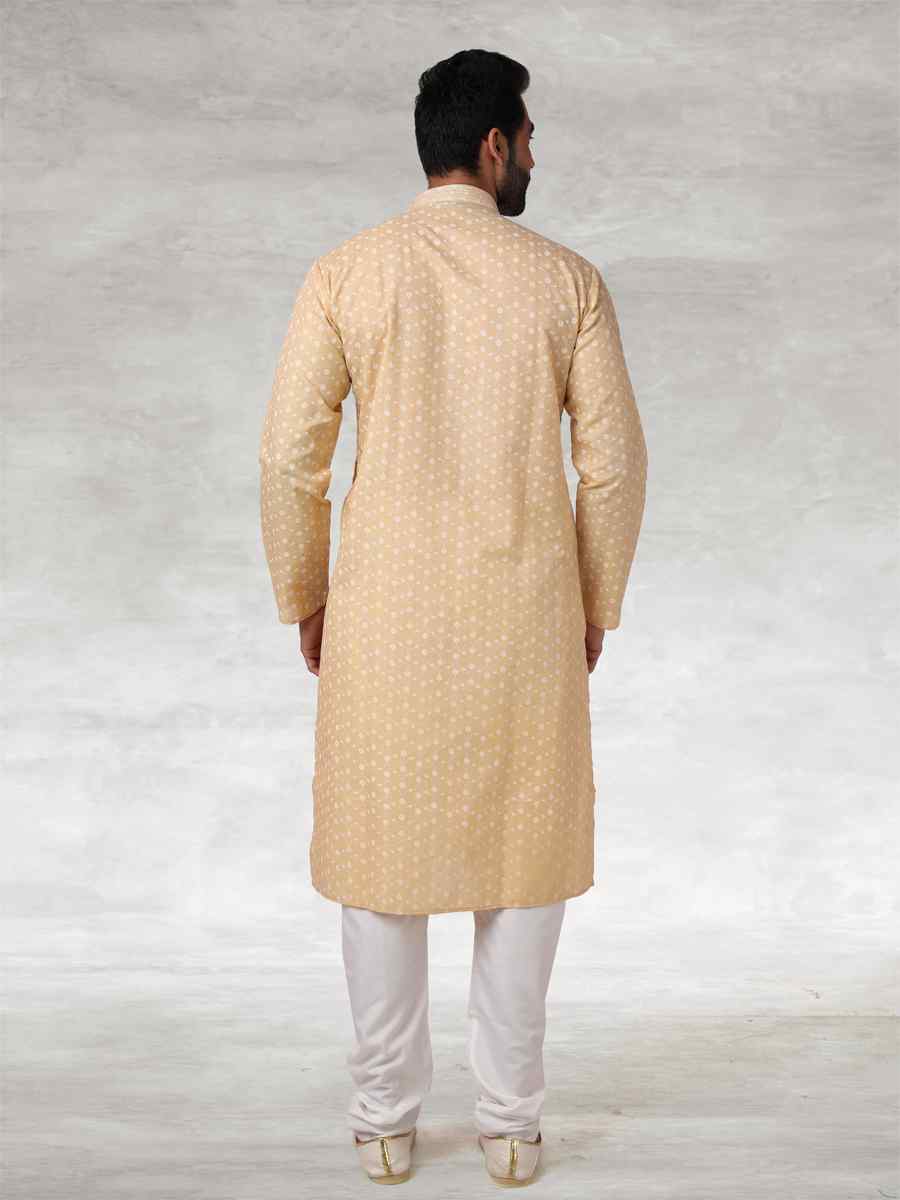 Beige Hand Loomed In Rich Yarns Of Cotton Printed Party Wedding Kurta