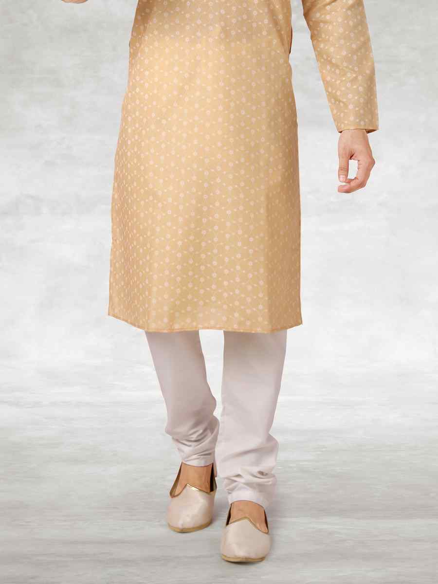 Beige Hand Loomed In Rich Yarns Of Cotton Printed Party Wedding Kurta