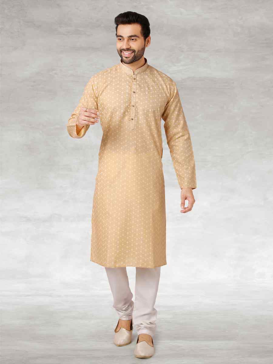 Beige Hand Loomed In Rich Yarns Of Cotton Printed Party Wedding Kurta
