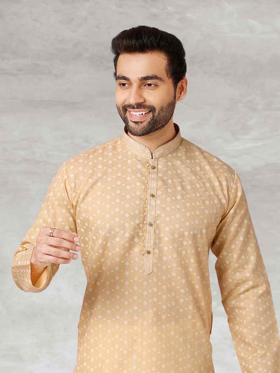 Beige Hand Loomed In Rich Yarns Of Cotton Printed Party Wedding Kurta
