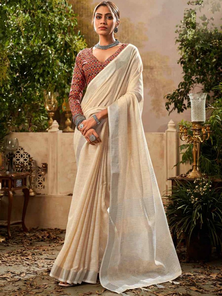Beige Handloom Khadi Linen Printed Casual Festival Classic Style Saree