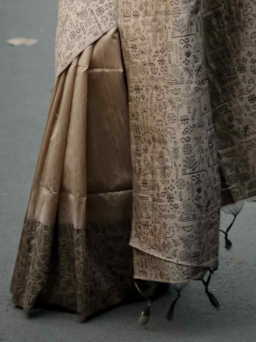 Beige Handloom Raw Silk Printed Festival Wedding Fancy Heavy Border Saree