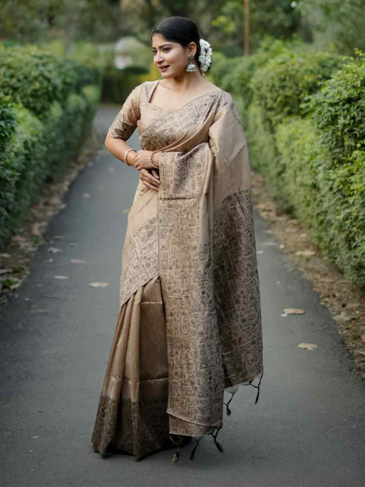 Image of Beige Handloom Raw Silk Printed Festival Wedding Fancy Heavy Border Saree